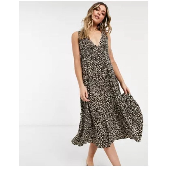 ASOS DESIGN button front tiered midi sundress in leopard print - Picture 1 of 1